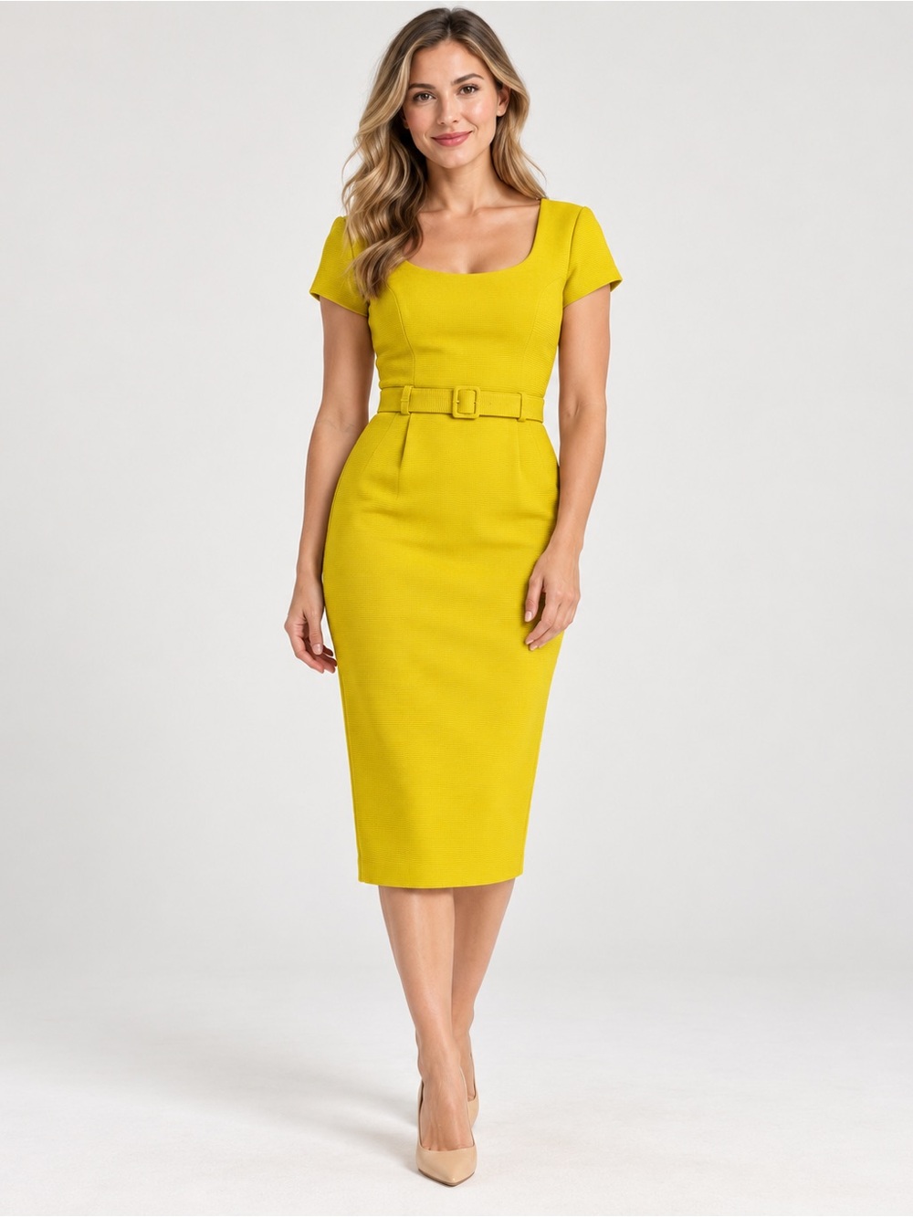 Boden Tilly Ottoman Saffron Yellow Belted Sheath Midi Dress Size 8
